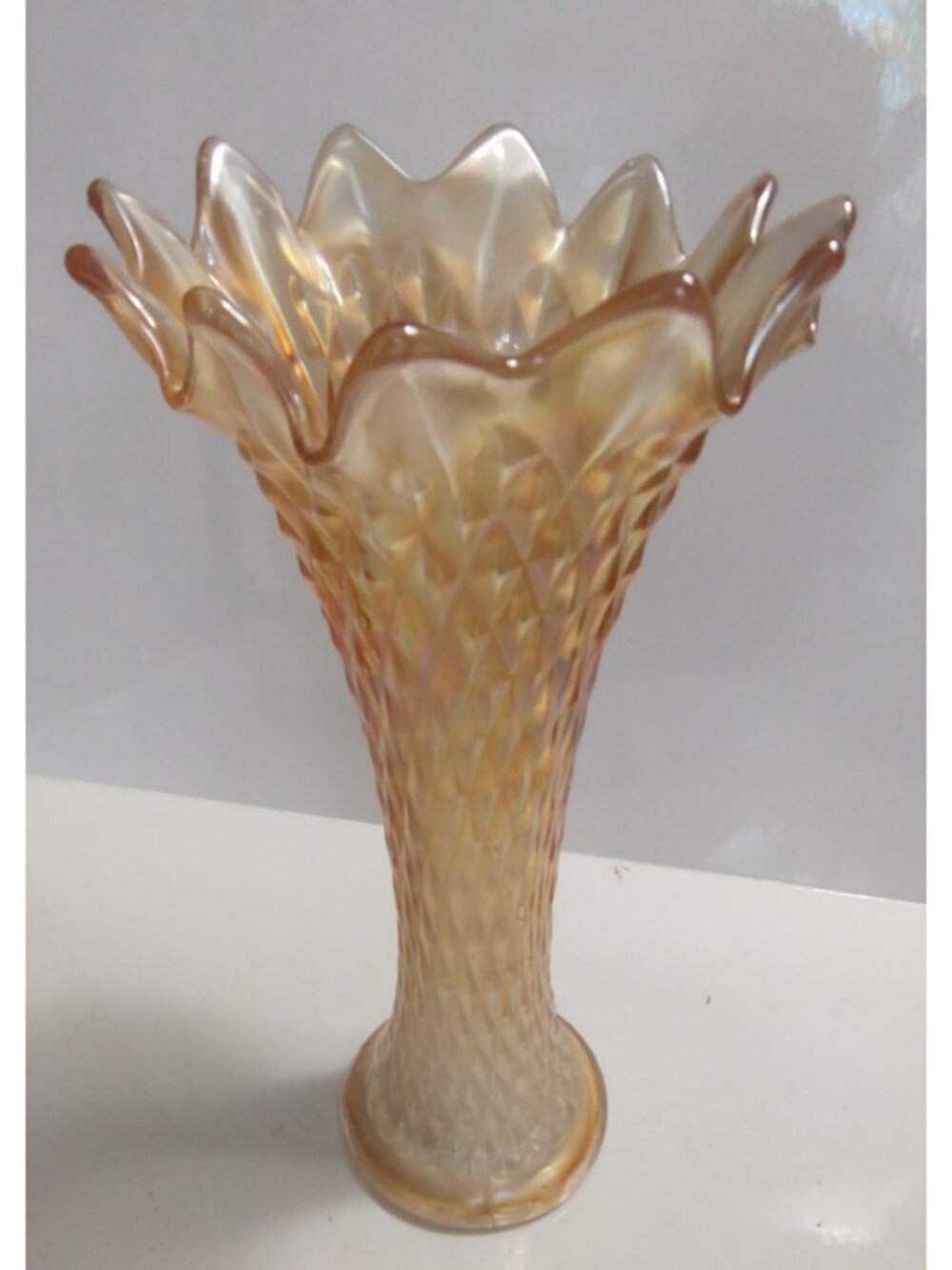 Vintage Northwood Carnival Glass 12 Point Diamond Point Pattern Orange Vase